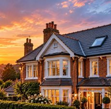 Immaculate Wimbledon residential home with new slate roof at golden hour sunset