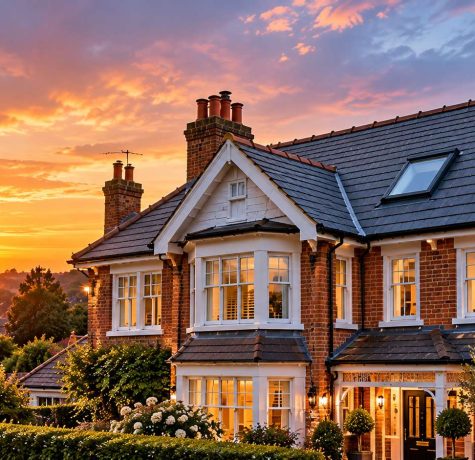 Immaculate Wimbledon residential home with new slate roof at golden hour sunset