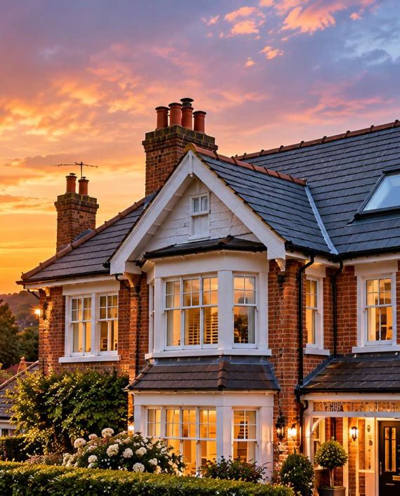 Immaculate Wimbledon residential home with new slate roof at golden hour sunset