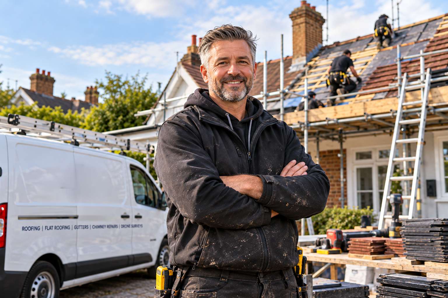 Experienced lead roofing contractor standing in front of company van with scaffolding team in background