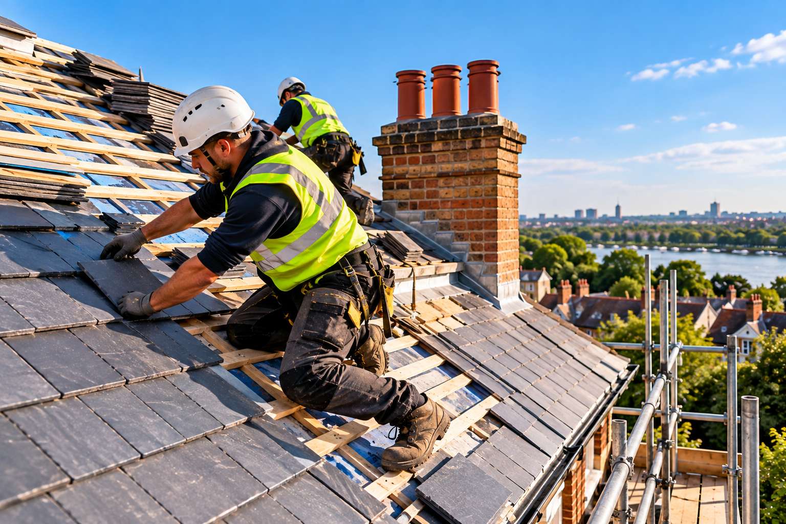 Professional roofers installing timber battens and slate tiles on residential roof