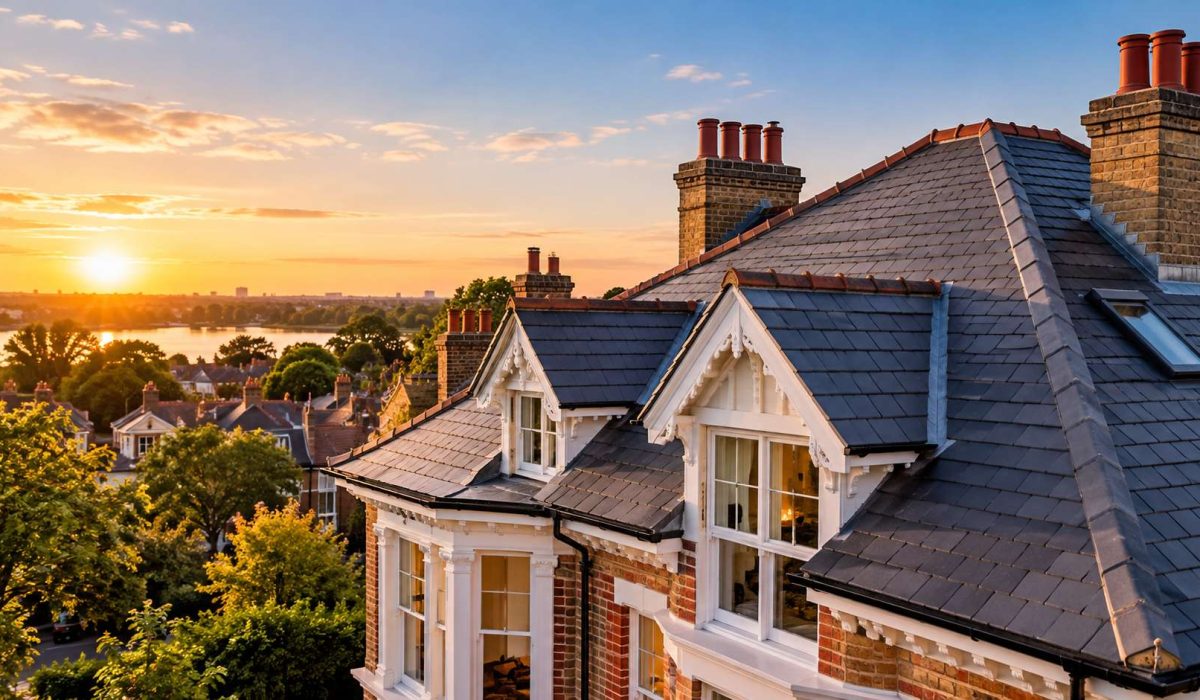 Restored Victorian slate roof and brick chimneys overlooking Putney and the River Thames at sunset