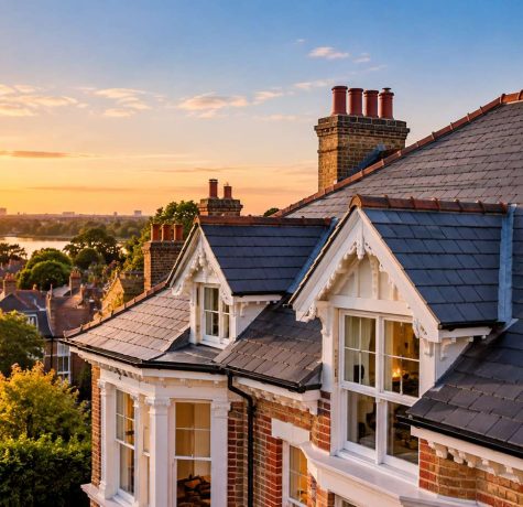 Restored Victorian slate roof and brick chimneys overlooking Putney and the River Thames at sunset