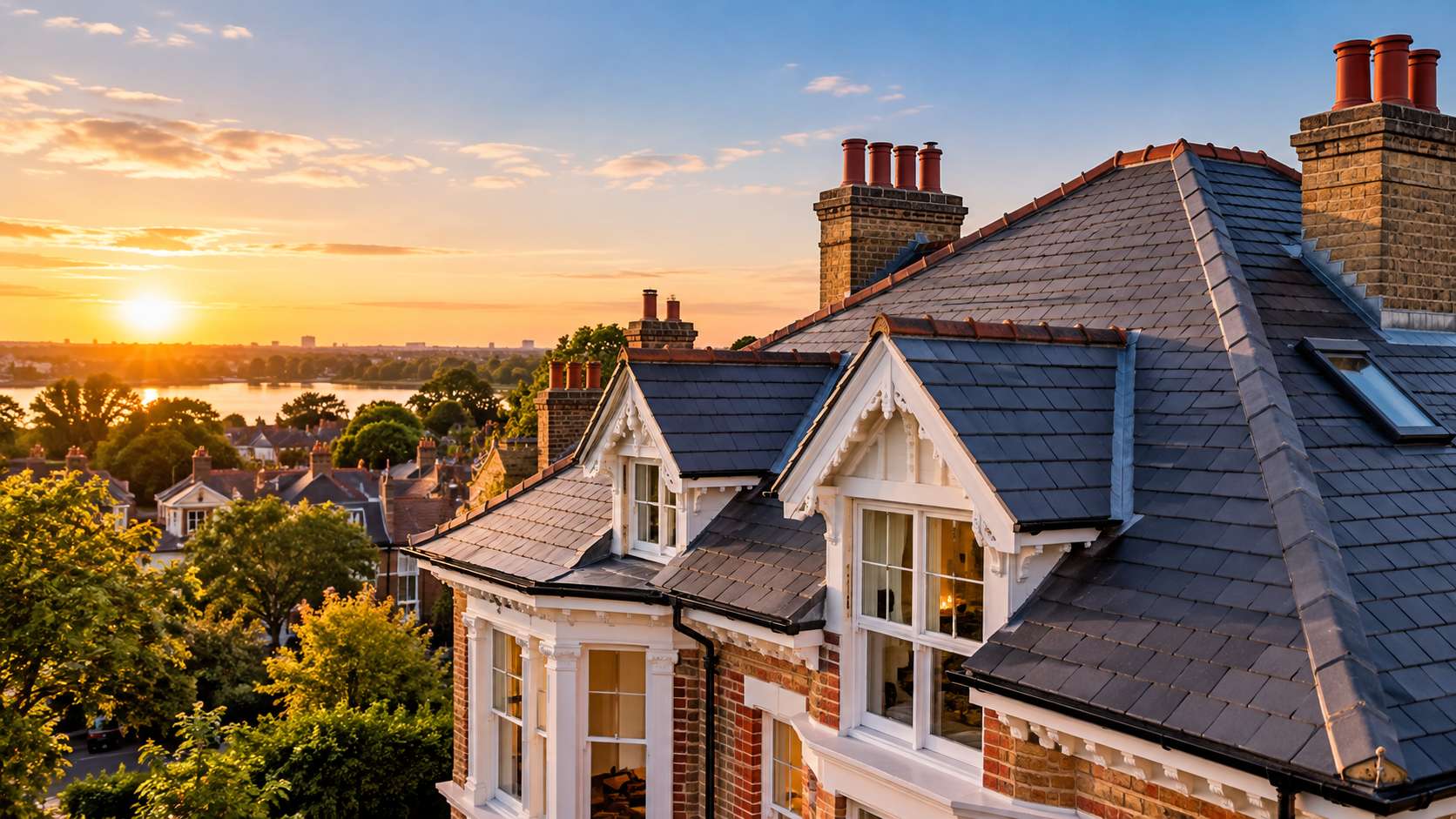Restored Victorian slate roof and brick chimneys overlooking Putney and the River Thames at sunset