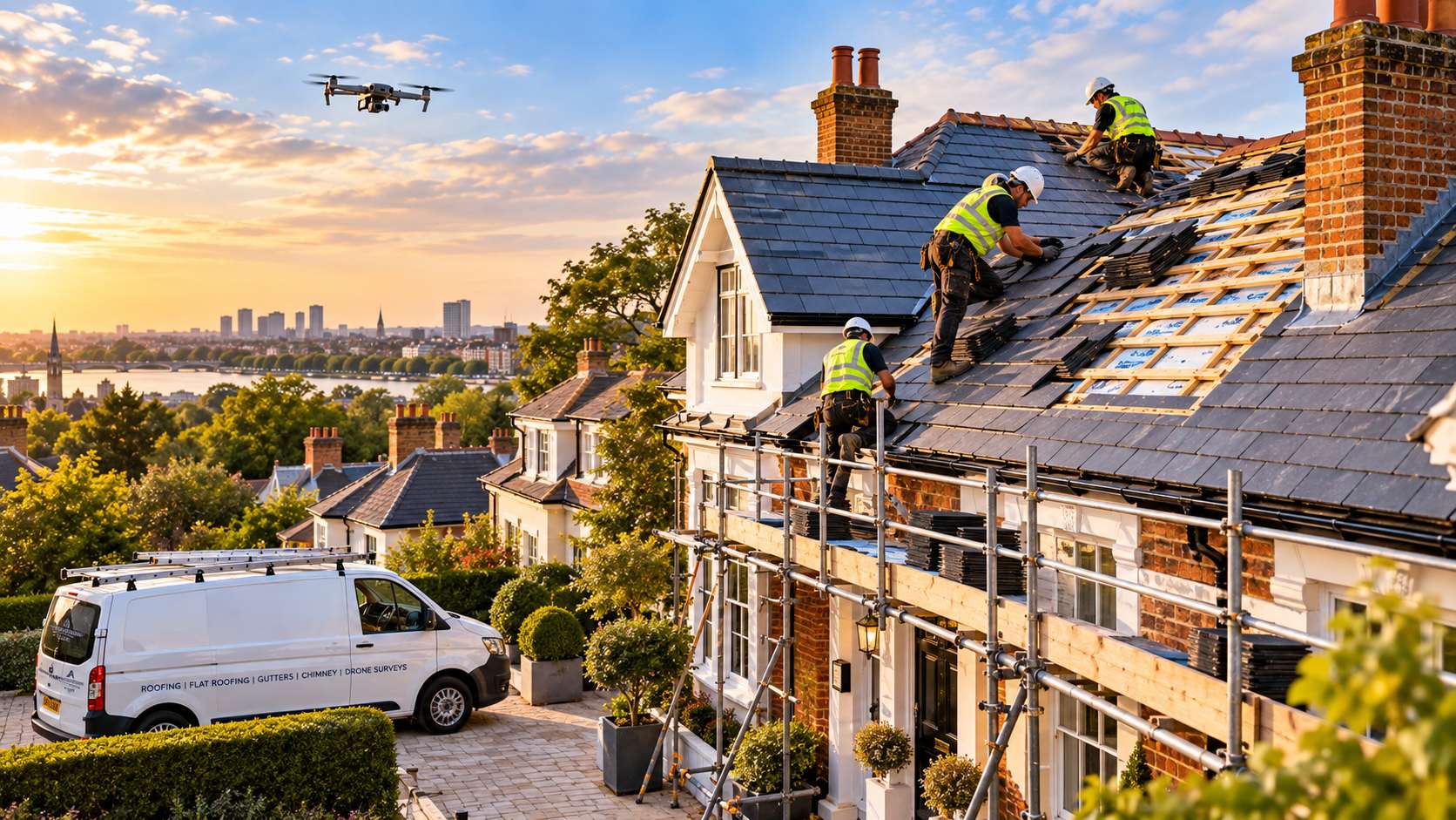Professional South West London roofing team working on residential roof with company van and drone survey