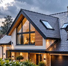 Residential property protected by watertight slate roof during heavy storm rain