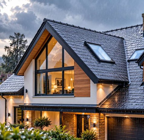 Residential property protected by watertight slate roof during heavy storm rain
