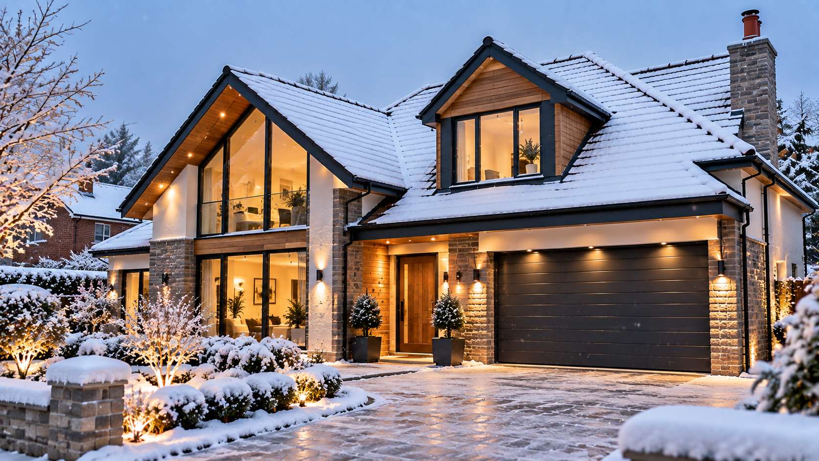Residential home protected with watertight modern roofing during winter snow