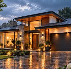 Contemporary single-story residence with illuminated stone exterior and waterproof flat roof