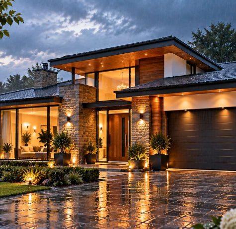 Contemporary single-story residence with illuminated stone exterior and waterproof flat roof