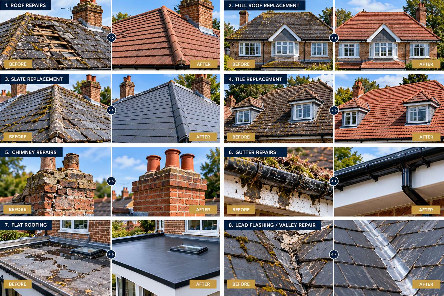 Comprehensive before and after gallery for roof repairs, full replacement, slate, tile, chimney, gutter and flat roofing