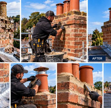 Before and after chimney repair showing brick repointing, new lead flashing and mortar flaunching
