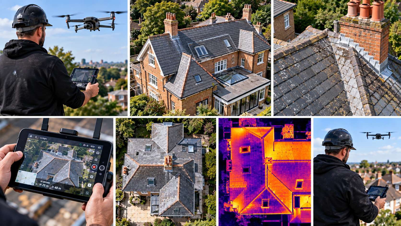 Drone roof inspection showcase with pilot controller, high-res aerial camera zoom and thermal imaging analysis