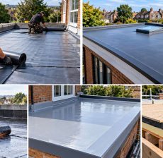 Flat roofing construction collage showcasing EPDM rubber, torch-on felt, GRP fibreglass and insulation buildup