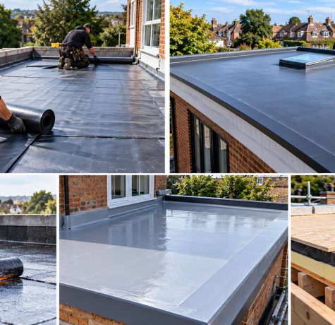 Flat roofing construction collage showcasing EPDM rubber, torch-on felt, GRP fibreglass and insulation buildup
