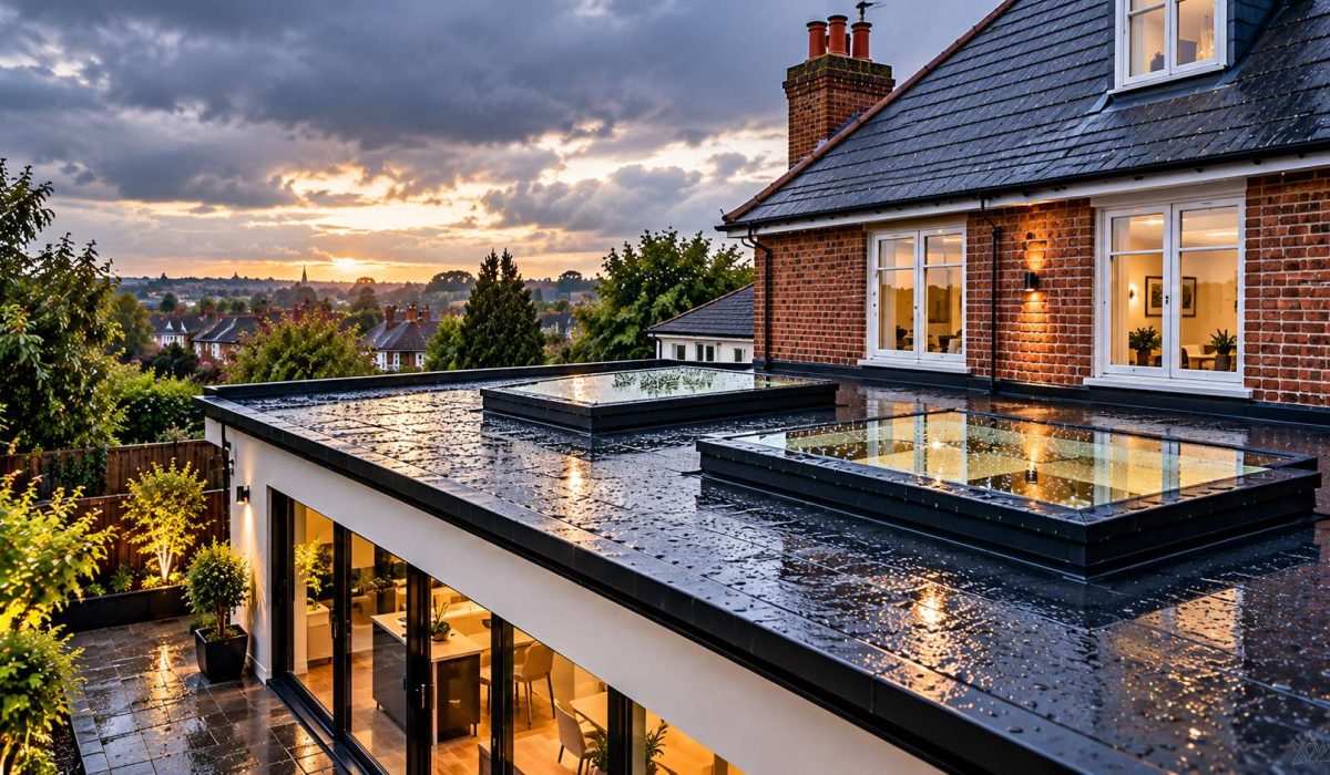 Seamless flat roof installation on modern kitchen extension with glass roof lanterns and skylights