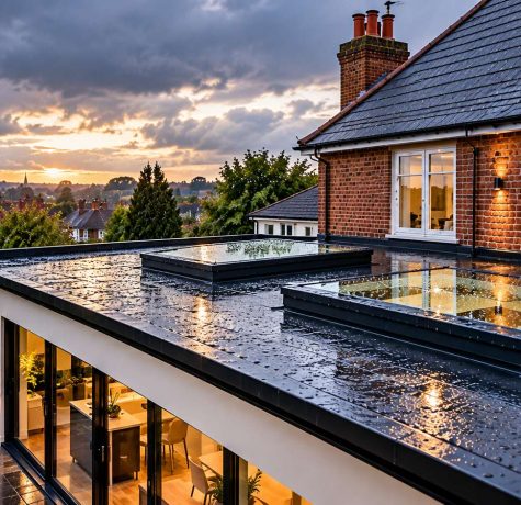 Seamless flat roof installation on modern kitchen extension with glass roof lanterns and skylights