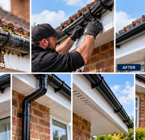 Before and after gutter repair showing replacement of rotten gutters with new black uPVC deep-flow system