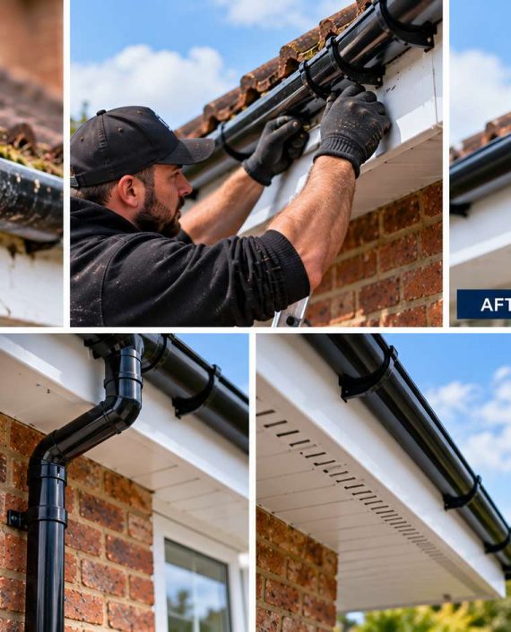 Before and after gutter repair showing replacement of rotten gutters with new black uPVC deep-flow system