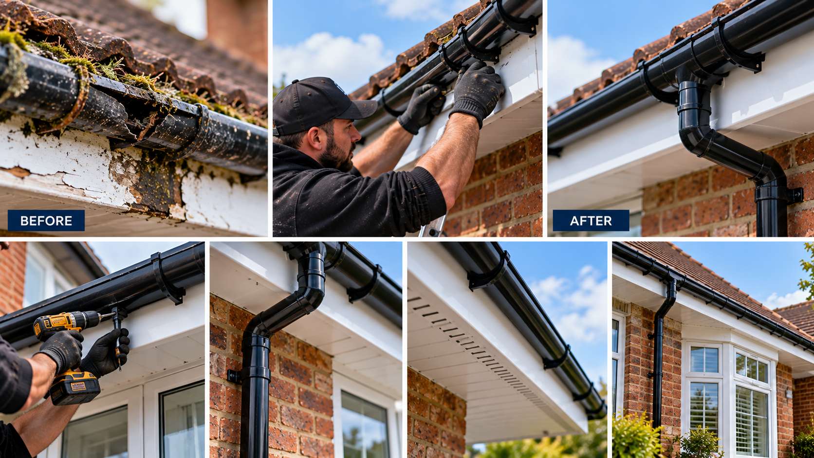 Before and after gutter repair showing replacement of rotten gutters with new black uPVC deep-flow system