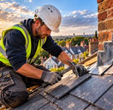 Roofer securing eaves tiles and lead flashing above gutterline