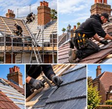 Full new roof replacement workflow including scaffolding, breathable membrane, timber battens and tile laying