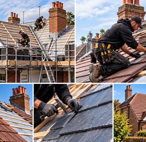 Full new roof replacement workflow including scaffolding, breathable membrane, timber battens and tile laying