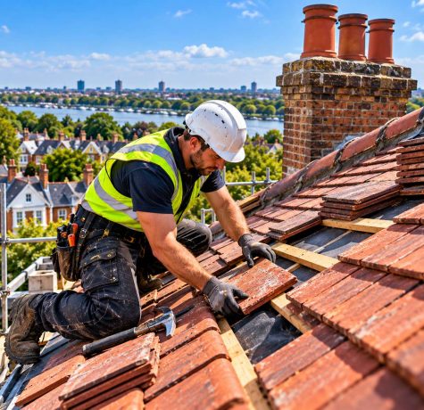Roofing specialist repairing storm damaged roof tiles overlooking London skyline