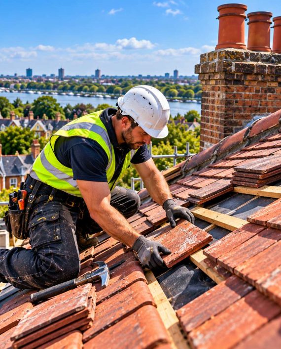 Roofing specialist repairing storm damaged roof tiles overlooking London skyline