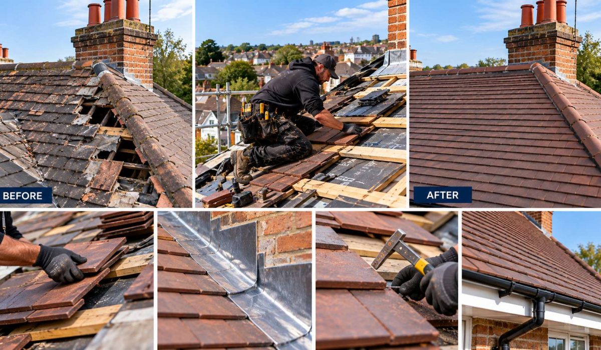 Before and after roof repair comparison showing broken tile replacement and lead valley repair