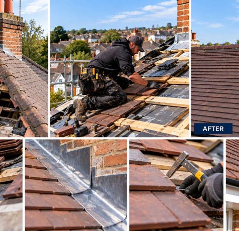 Before and after roof repair comparison showing broken tile replacement and lead valley repair