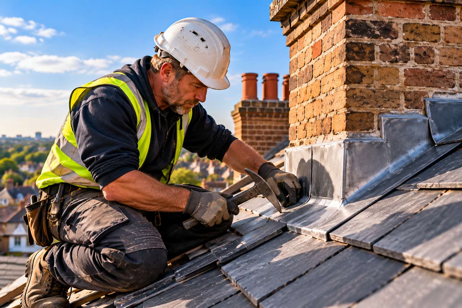 Close up of roofer hand-dressing slates and installing stepped lead flashing around brick chimney