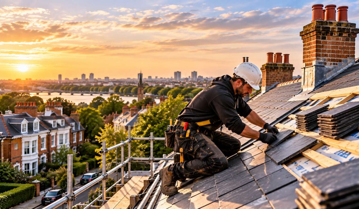 Master roofer fixing natural slate roof tiles with panoramic views of London and the River Thames