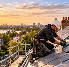 Master roofer fixing natural slate roof tiles with panoramic views of London and the River Thames