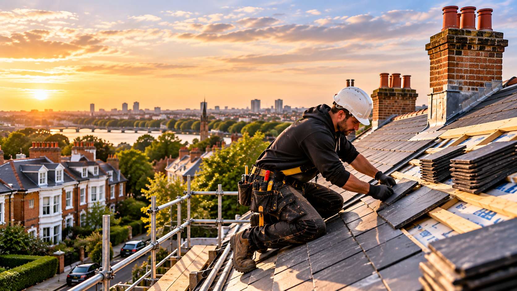 Master roofer fixing natural slate roof tiles with panoramic views of London and the River Thames