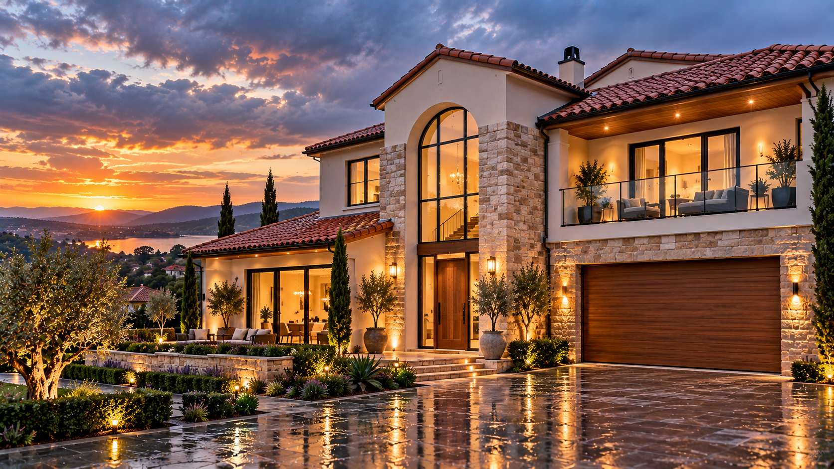 Luxury residential property featuring terracotta tiled roof with illuminated grounds
